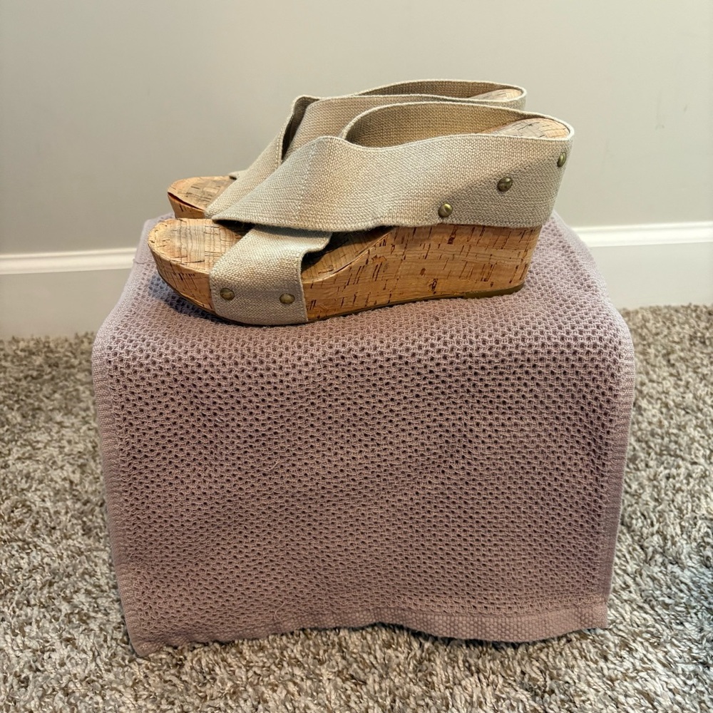 Lucky Brand Beige Wedge Sandals with Cork Platform- Size 7